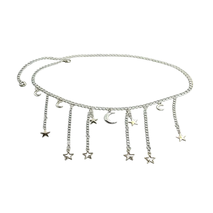 Silver chain belt with star and moon charms | Moonlight Stars Belt | Aesthetic Belt
