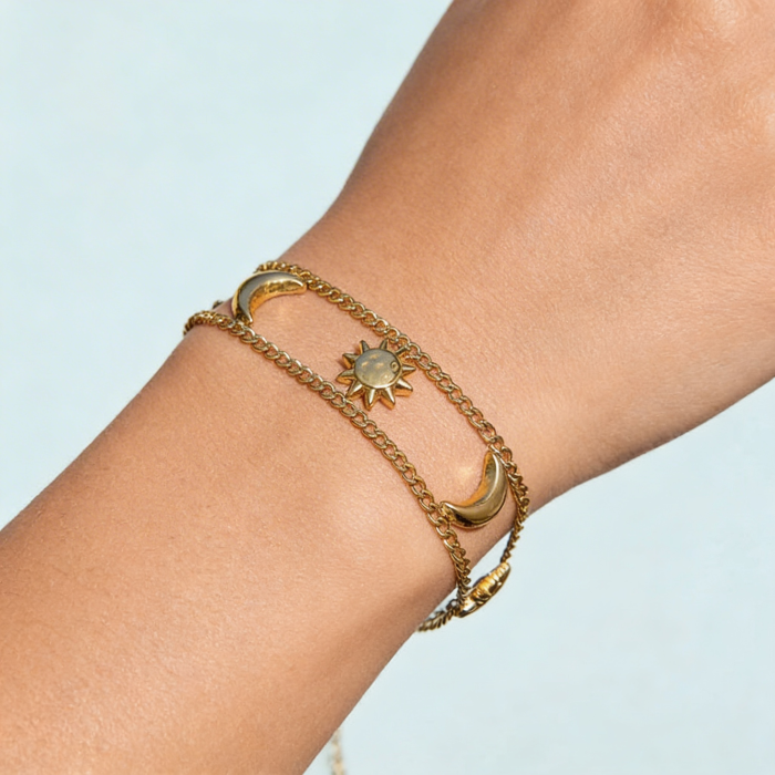 Gold chain bracelet with sun and moon charm | Sun & Moon Harmony Bracelet | Aesthetic Bracelet
