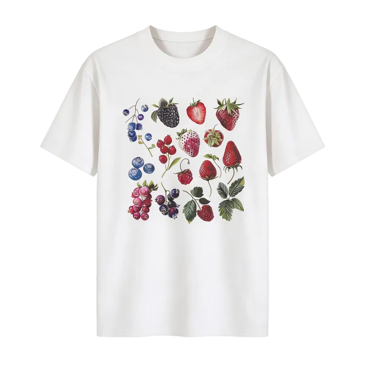White t-shirt with colorful berry design on a white background | Berry Sweet Graphic Tee | Aesthetic T-Shirt