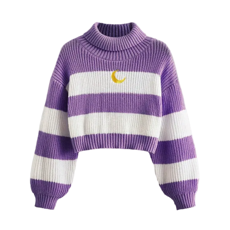 Purple and white striped sweater with a yellow moon design | Moonlight Cropped Sweater | Aesthetic Sweater
